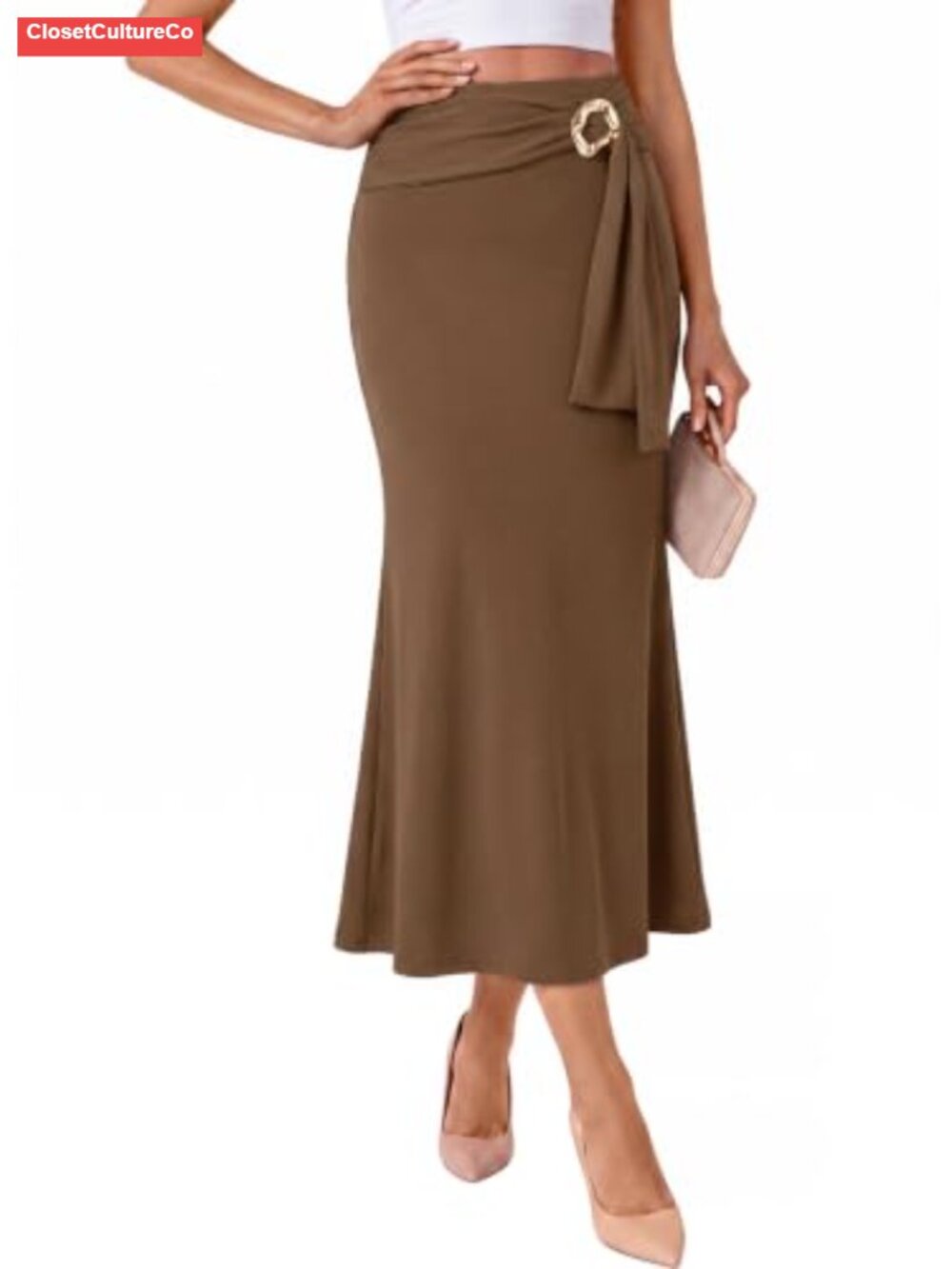 Womens Stretch High Waist Midi Skirt Wrap Back Slit Bodycon Business Casual